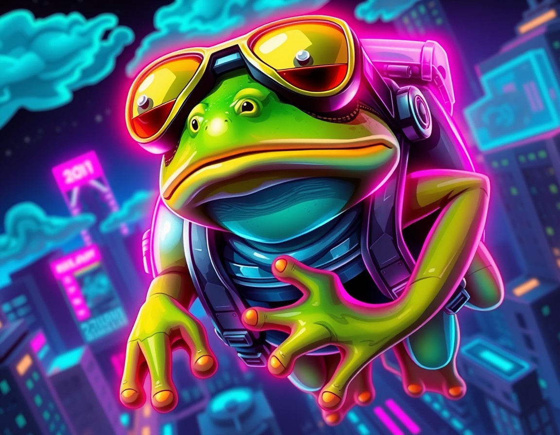 Close up of Pepe2 with aviator goggles and glowing jetpack
