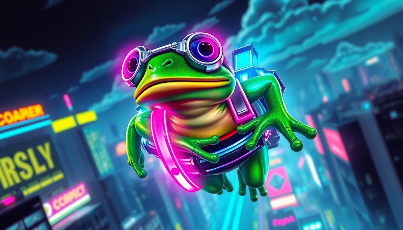 Pepe2 flying through a neon cyberpunk city with a glowing jetpack